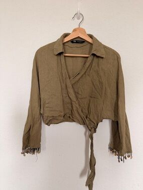 ZARA Olive Green Wrap Crop Top with Tassel Details